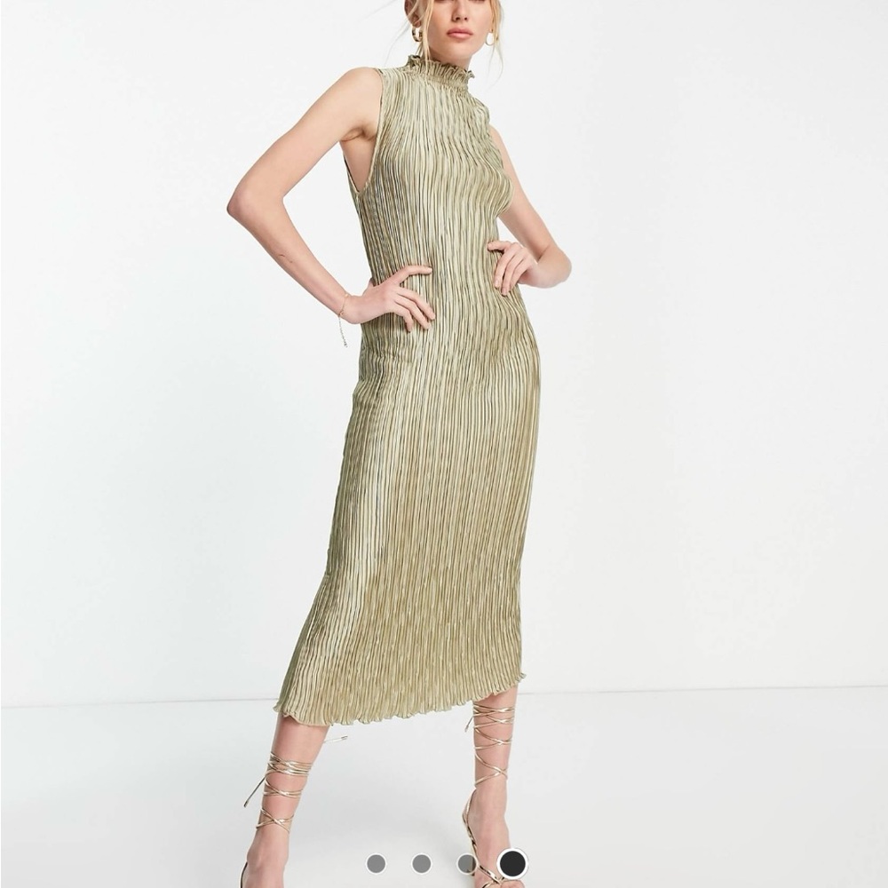 ASOS DESIGN satin plisse midi dress with high neck